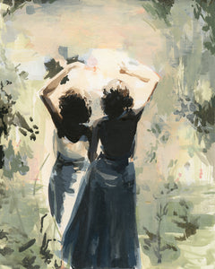 two figures in dresses dancing in a bright forest